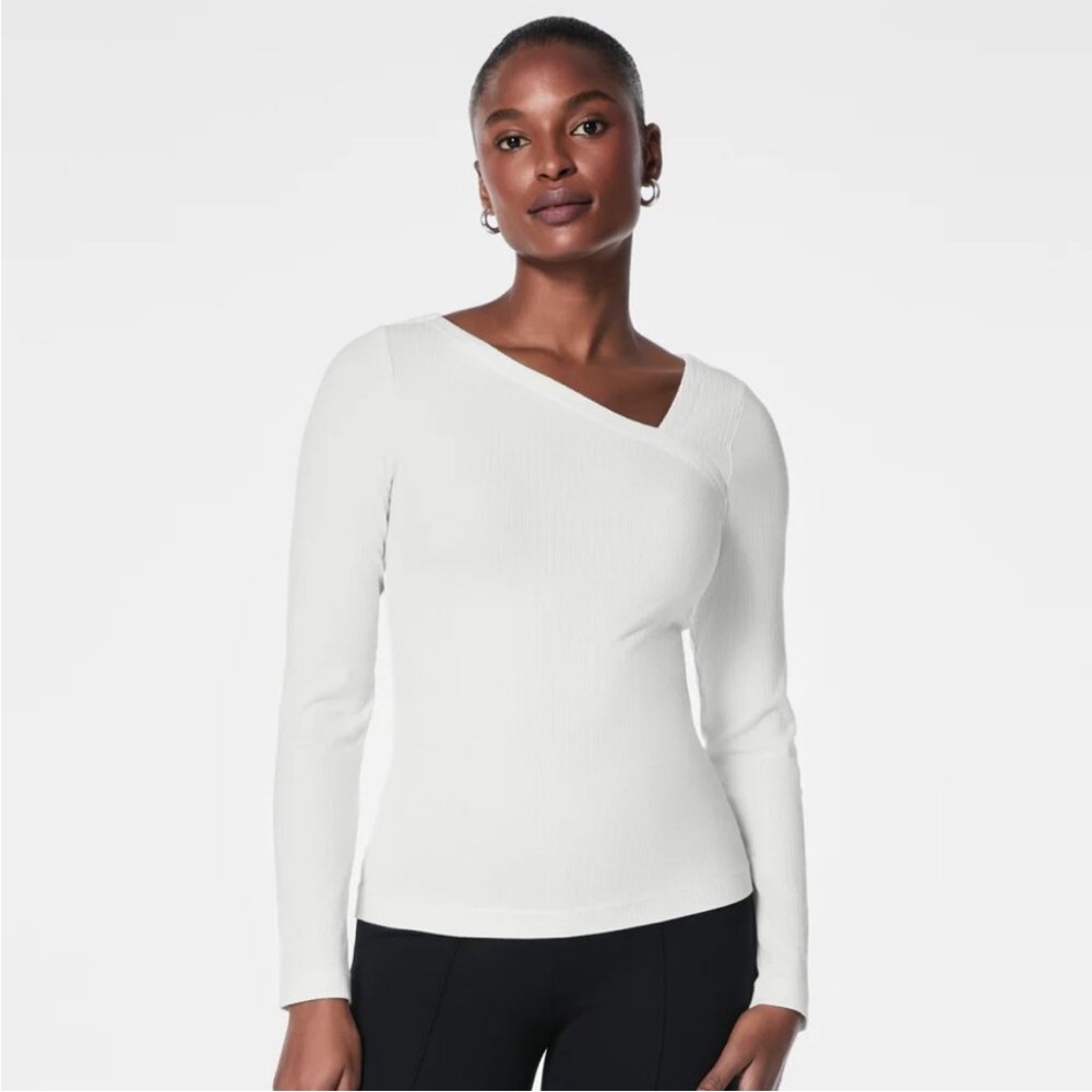 NWT Spanx White Asymmetrical Neck Women's Ribbed Long Sleeve Tee